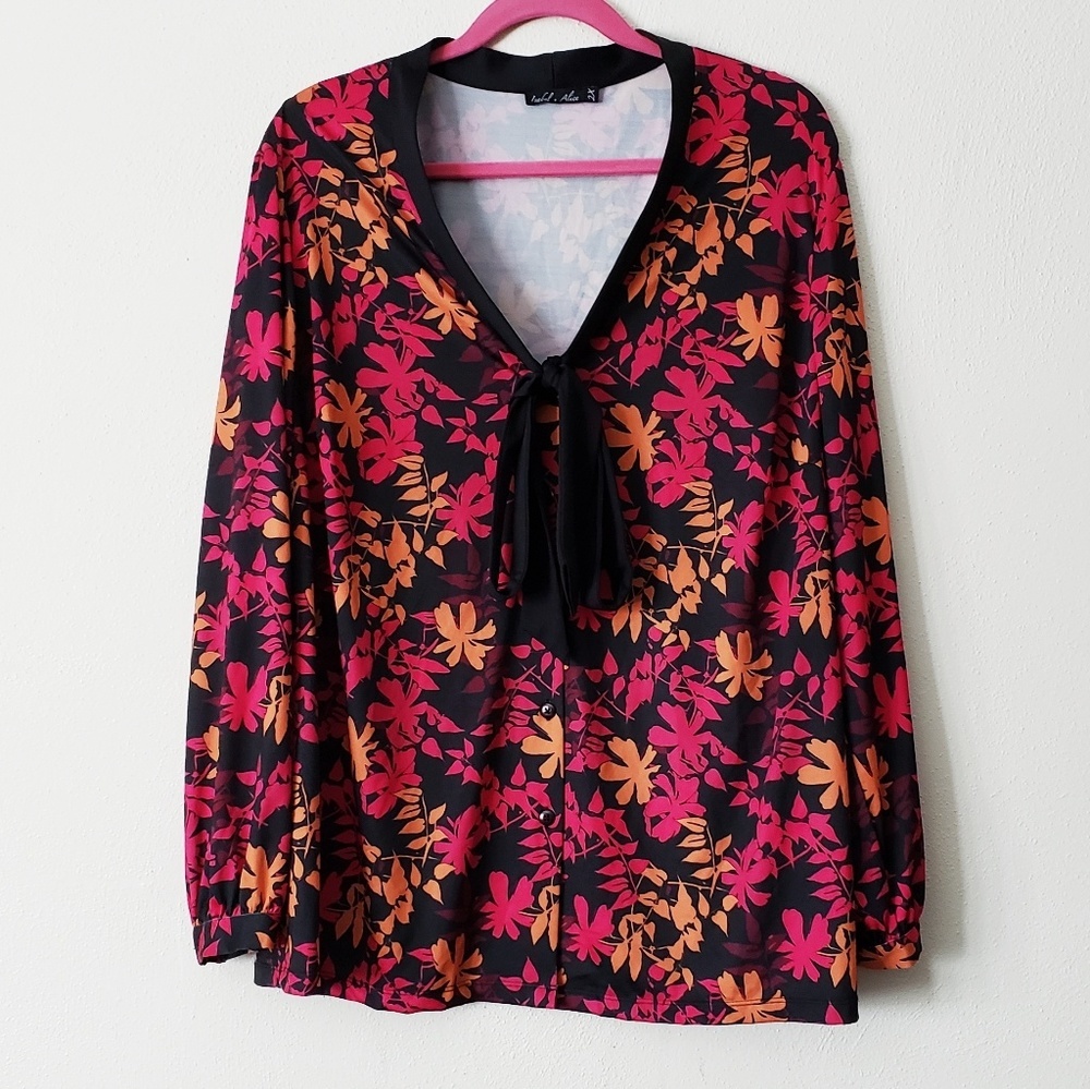 Isabel + Alice Leaf Print Blouse Tie Neckline